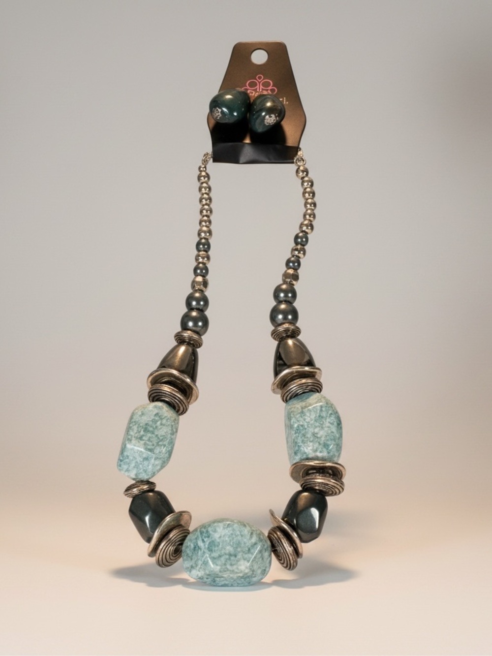 Stone & Metal Beaded Necklace and Earring Set - Teal Green